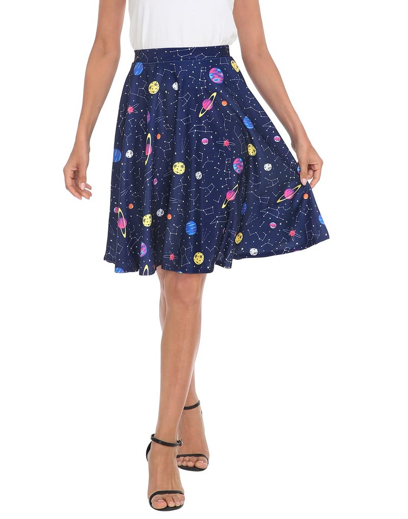 HDE Skirts for Women - Midi Skirt Skater Skirt Knee Length High Waist Fun Prints Solar System - M - Image 4